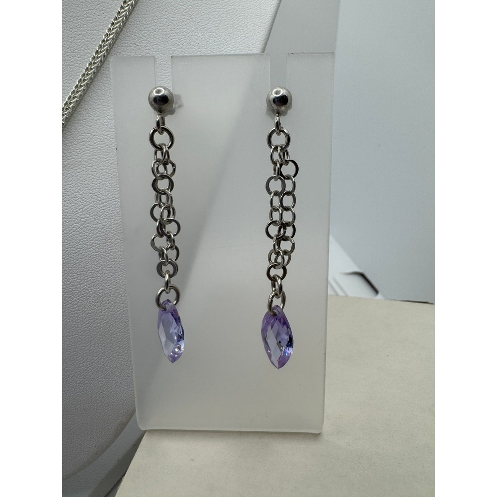 Silver Tone Purple Crystal Bar Pendant Necklace and Marquise Drop Earring Set - Picture 3 of 5